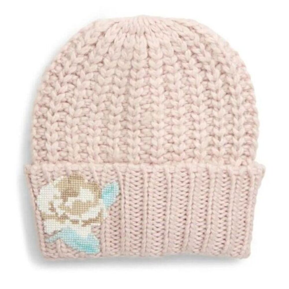 Free People NEW Blush Pink Knit Flower Beanie Hat‎